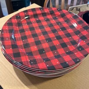 Cynthia Rowley Red Black Buffalo Plaid Melamine Dinner Plates Set of 4 10.5 Inch
